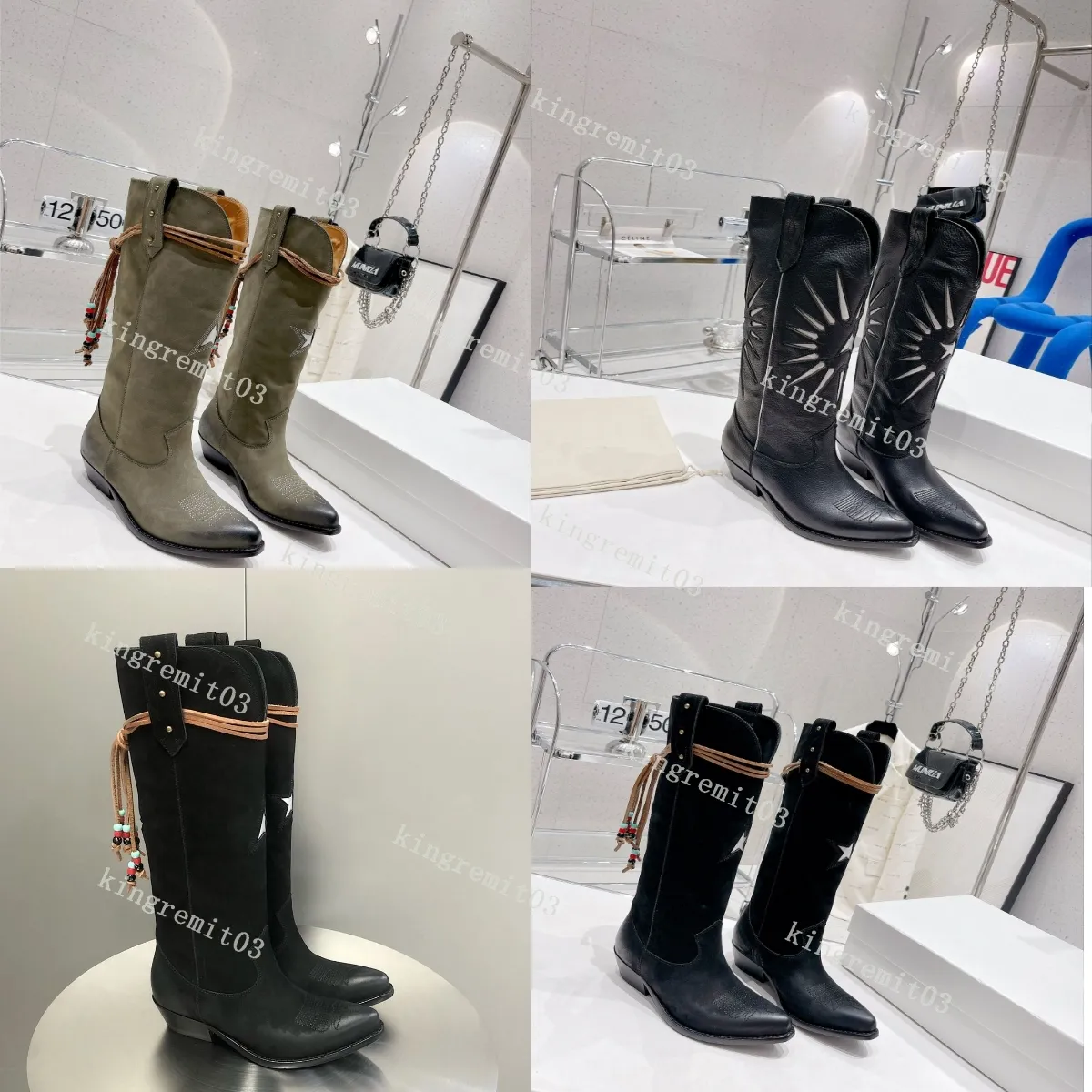 Bottes de broderie femmes Western Cowboy bottine mode chaussures d'hiver cuir poli daim pointe moto mode chaussons