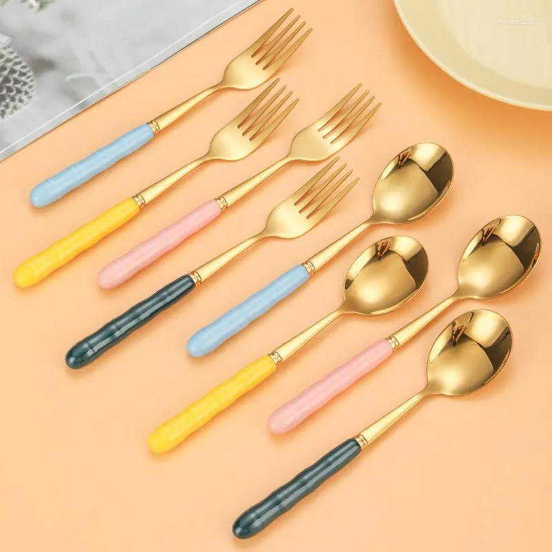 Dinnerware Sets With Thick Stainless Steel Corrugated Dessert Spoon Scoop Creative Ceramic Knife Stirring Coffee Fruit Fork