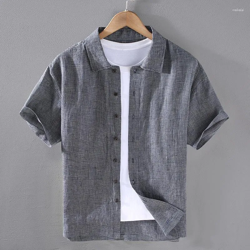Men's Casual Shirts Yarn Dyed Fine Plaid Linen Short Sleeve Shirt For Men Chinese Styles Summer Sold Color Thin Breathable Trend Blouses
