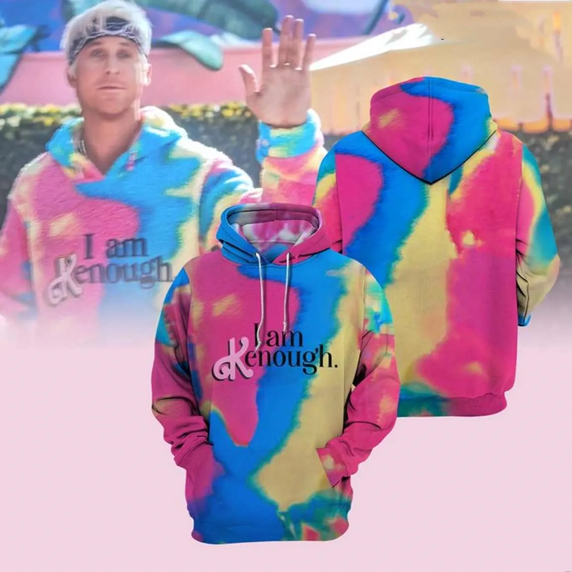 Kenough Hoodie Mens Tie Dye Rainbow Graphic Hoodies Barbie I am Kenough Y2K Pull Sweats Loose Hooded Clothing