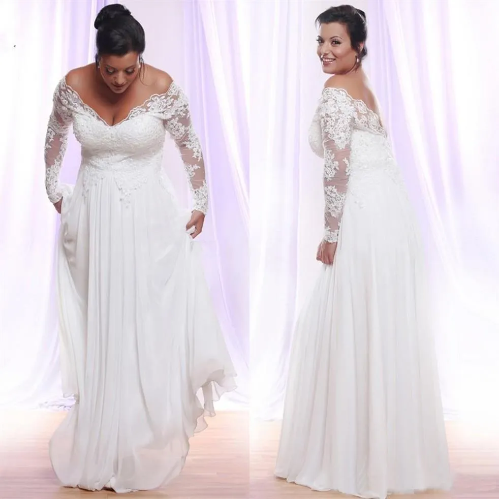 Langarmes Plus-Größe Brautkleider mit tiefem V-Ausschnitt Applique Beach Country Hochzeitskleider von der Schulterbrautkleider Vestido230m
