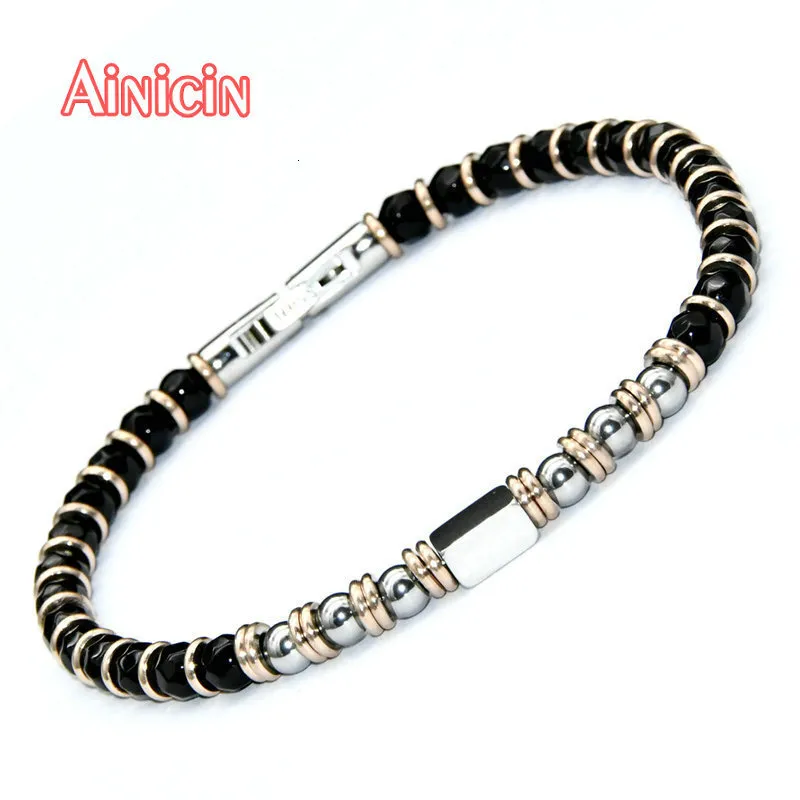 Bracelets porte-bonheur de haute qualité en agate à facettes noires perles rondes Bracelet en acier inoxydable pour la mode bijoux pour hommes 230731