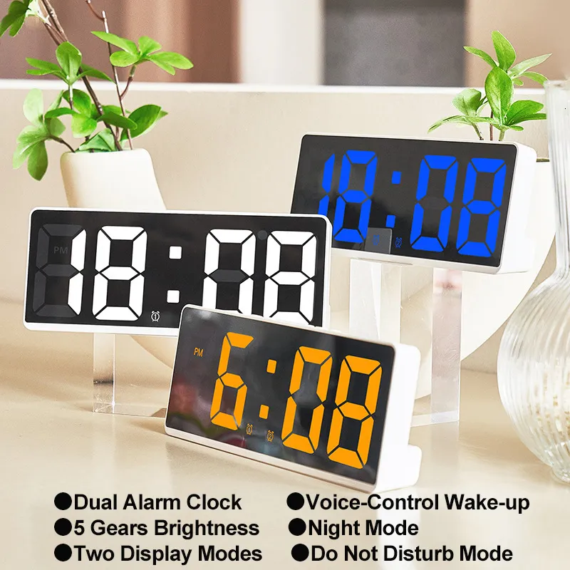 Desk Table Clocks Acrylic Digital Alarm Clock Voice Control 5Gears Brightness Large Screen Bedside Do Not Disturb Mode 2 Alarms 230731