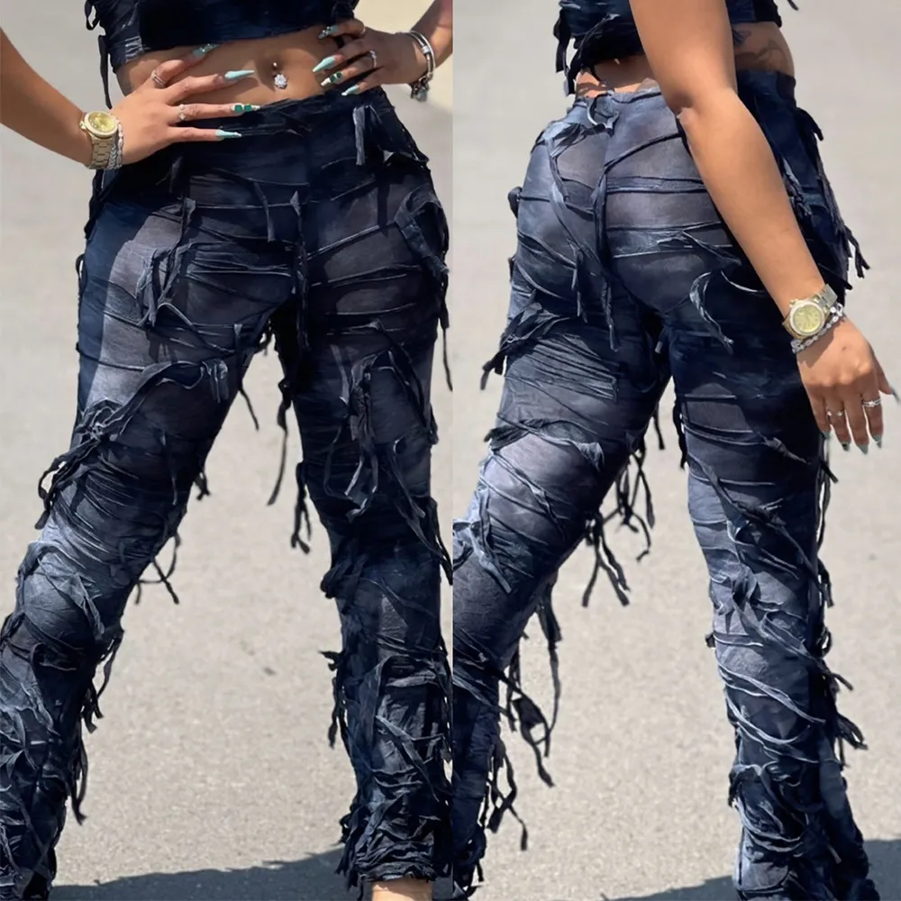 Yüksek Bel Kadın Sokak Giyim Kargo Pantolon Kravat boyalı şık y2k yıpranmış sıkıntılı yığılmış sıkı pantolon