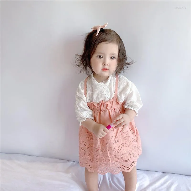 Clothing Sets Summer 2023 Baby Girls Cotton Clothes Infant Fashion Long Sleeve Floral Shirt Solid Color Lace Suspender Skirt 2