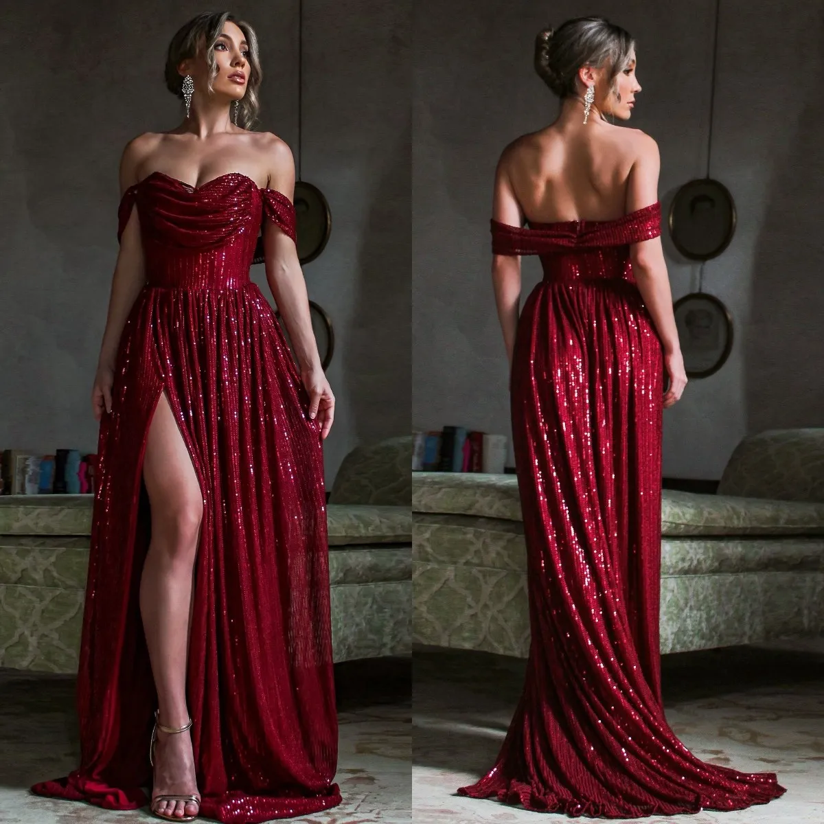 Robes de bal élégantes à paillettes bordeaux Split Sheath Backless robe de soirée plissée robes pour une occasion spéciale