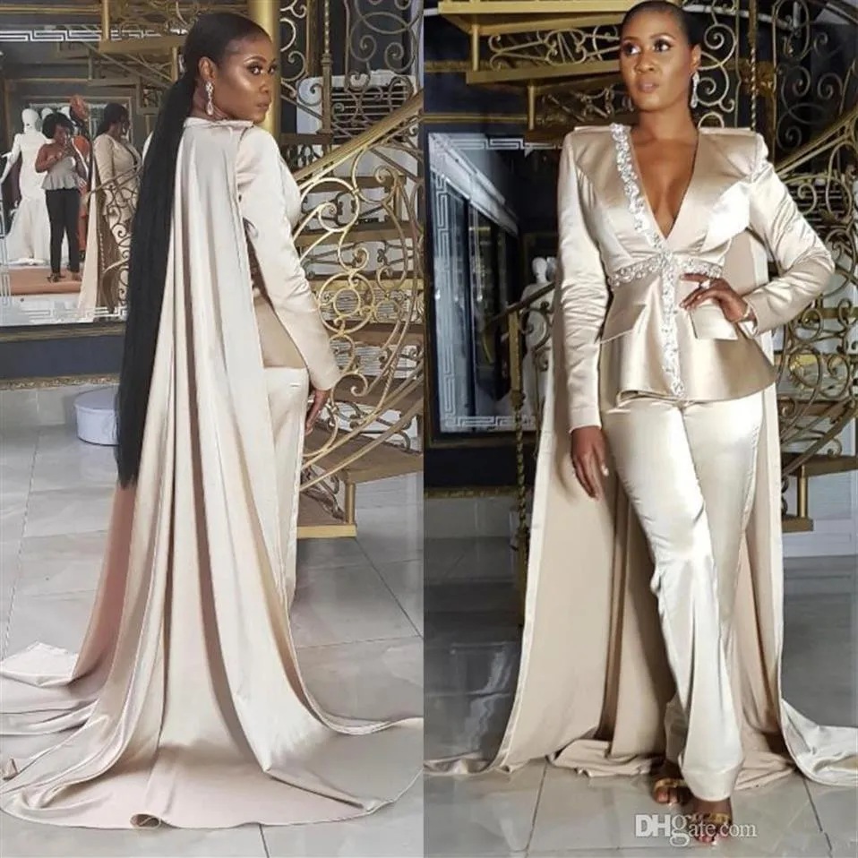 Champagner Empire Jumpsuit Abendkleider mit Cape, V-Ausschnitt, langen Ärmeln, Schößchen, Satin, roter Teppich, Promi-Kleid, knöchellang, formell, 212E