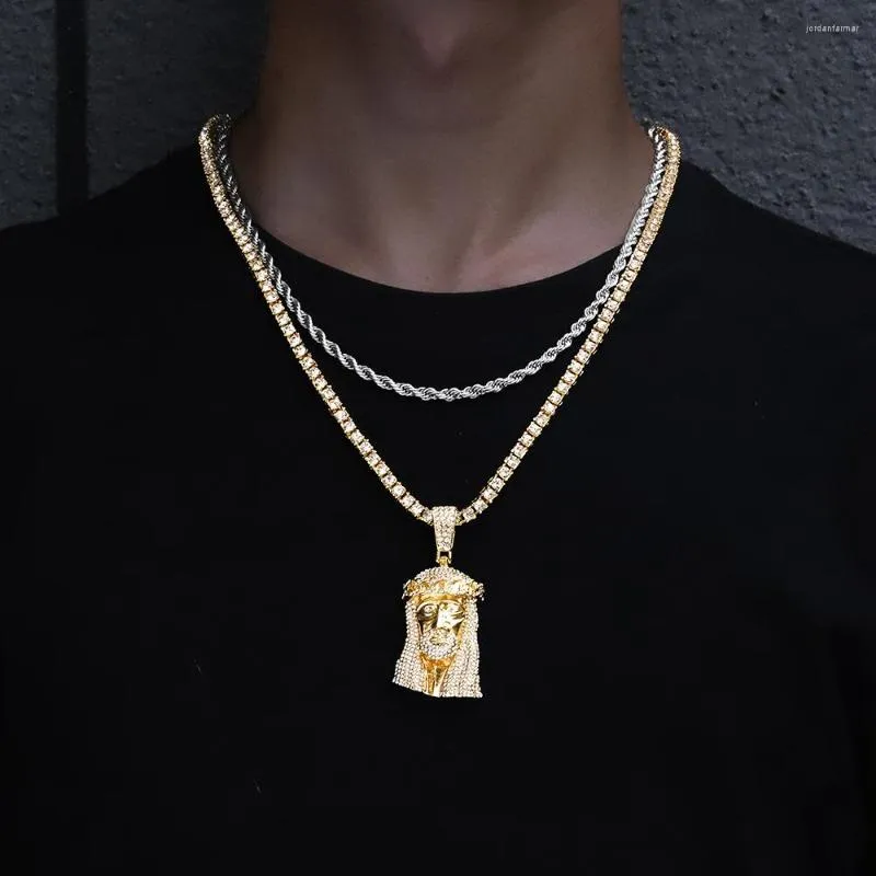 Pendant Necklaces Iced Out Jesus Head Necklace With Cuba Chain For Men Women Gold Color Hip Hop Face Christian Fashion Jewelry