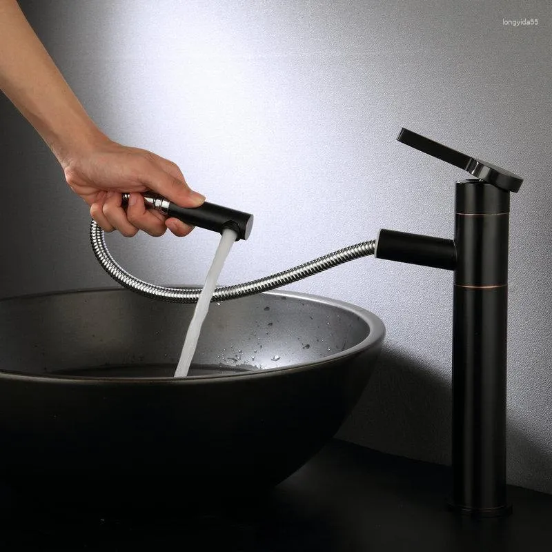 Bathroom Sink Faucets American-style Black Drawback Basin Top Cold And All Copper European-style Retractable Shampoo Faucet