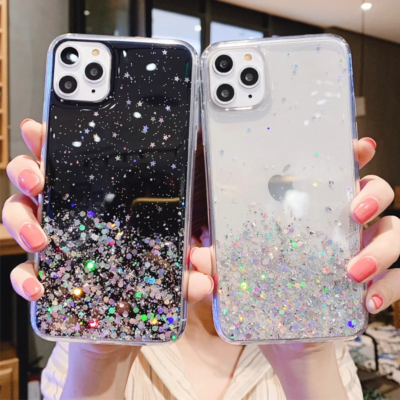 Crashstar Sequinin Stars透明なソフトフォンケースiPhone 14 13 12 11 Pro MiNi XS MAX XR X 10 8 7 6S 6 PLUS + SE7