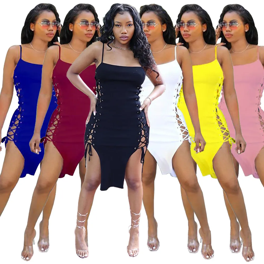 Ontwerper sexy mouwloze jurken zomer dames midi-jurk met spaghettibandjes skinny bandage split-potloodjurk feestdagen party nachtclubkleding groothandel kleding 9620