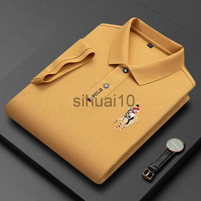 Camisetas masculinas 2023 verão marca respirável jaqueta de algodão bordado negócios camisa polo manga curta cor sólida lapela masculina casual j230731