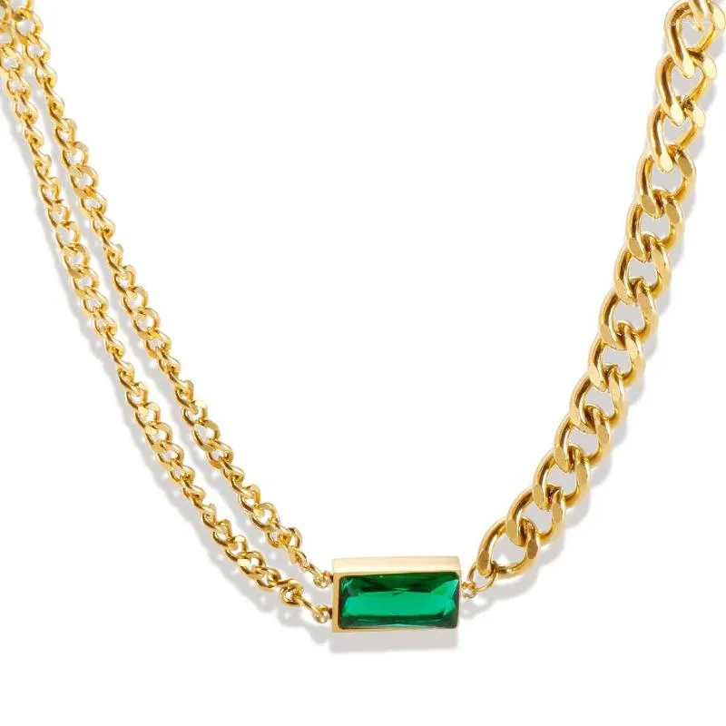 Naszyjniki wiszące jinhui stal nierdzewna moda łańcuch łańcucha dla kobiet wykwintna zielona cyrkon kryształowy urok podwójny panel biżuteria