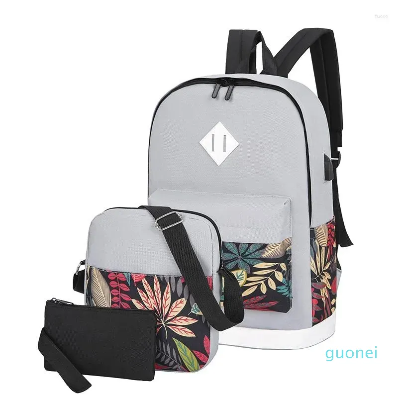 Mochila moda bolsa de ombro de pano usb feminino faculdade estudantes do ensino médio campus casual 3 conjuntos