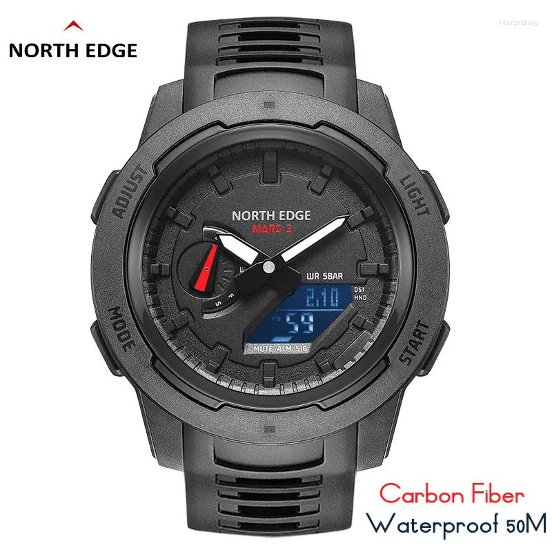 Horloges NORTH EDGE Mars 3 Militair herenhorloge Digitale behuizing van koolstofvezel voor mannen Waterdicht 50M Sporthorloges Wereldtijd LED