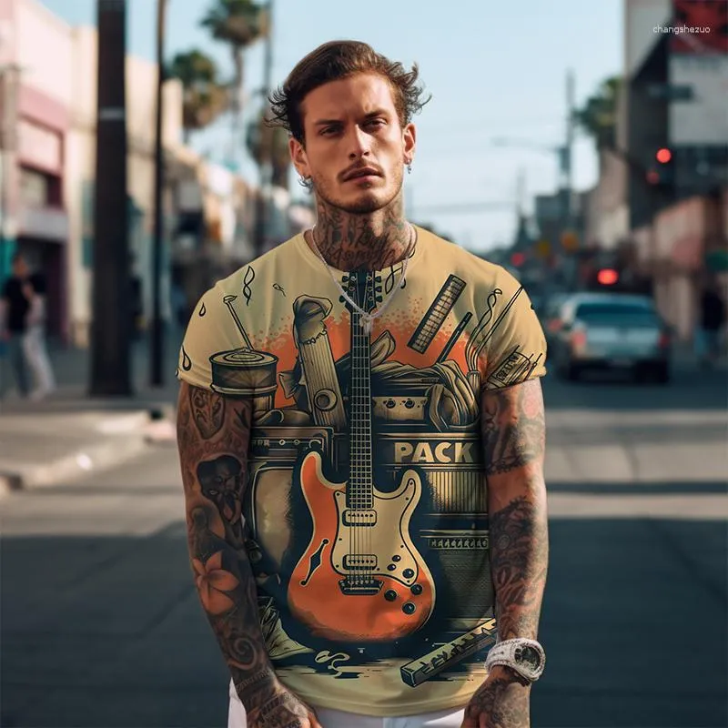 Men's T Shirts Retro Guitar 3D Printed -shirts Summer Short Sleeve -shirt Men Classic Loose Casual Round Neck Street Punk