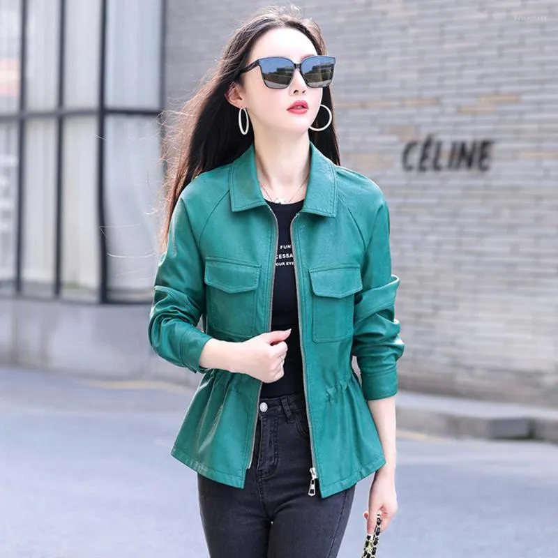 Women's Leather Spring Women Autumn Casual Fashion Turn-down Collar Drawstring Waist Sheep Coat Slim Moto & Biker Jacket