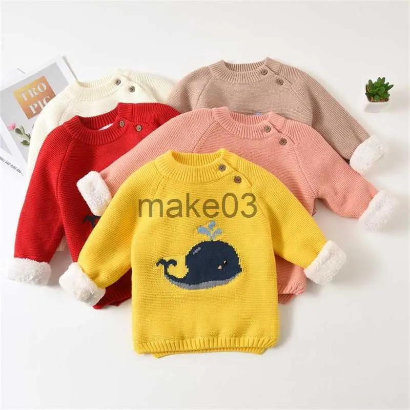 Cardigan Warm Children's Sweaters Baby Boys Girls Kid Winter Clothing Spädbarn Cartoon Whale Design Pullover Toddler Oneck Velvet tröja J230801