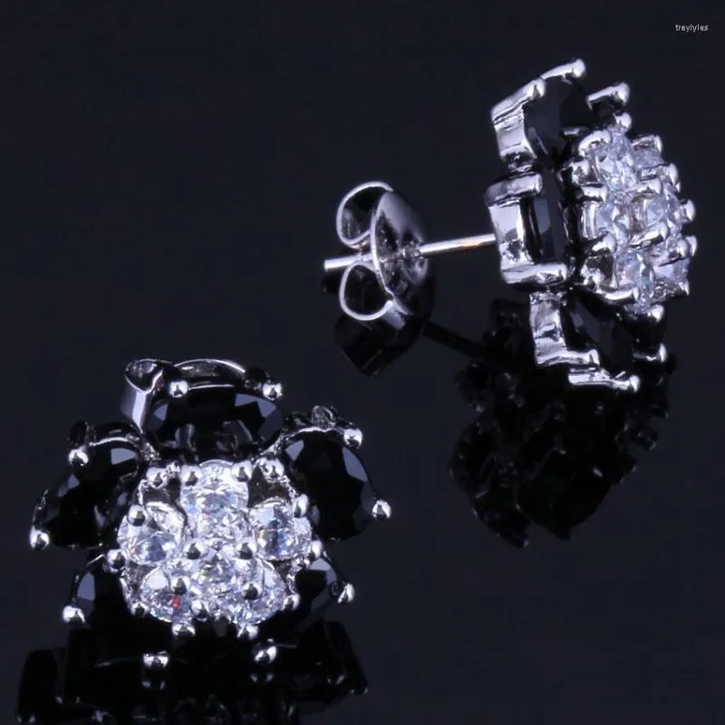 Kolczyki do stadnoności Pleasant Flower Black Cubic Zirkonia White CZ Silver Splated V0870