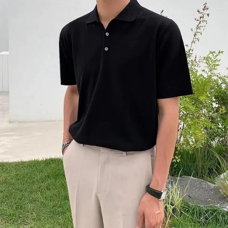 Polos Masculinos 2023 Harajuku Coreano Malha Camisa Pólo Moda Juvenil de Alta Qualidade Botão de Lapela Camisetas Malhas Primavera Verão Para Homens Roupas