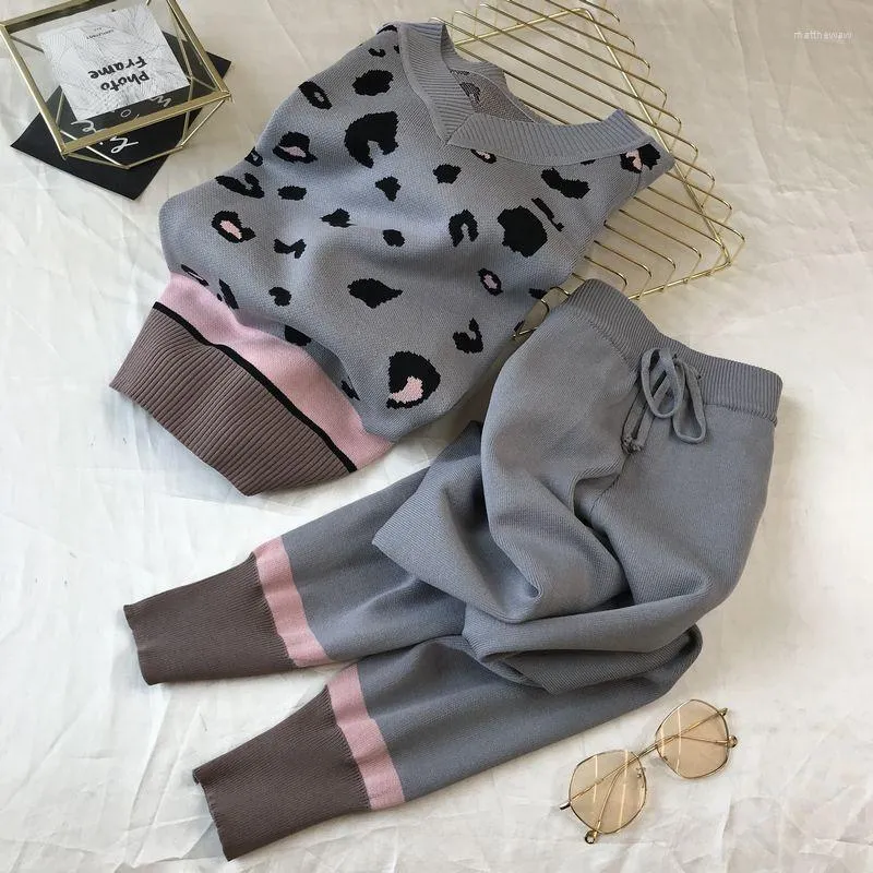 Calças femininas de duas peças com estampa de leopardo 2 peças conjuntos femininos de malha manga longa com decote em V pulôveres e cenoura jogging terno Outwear Femme