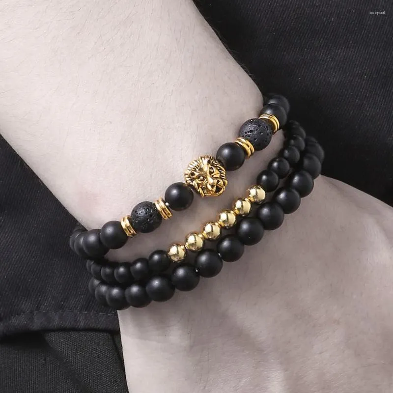 Strand Fashion 8mm Natural Stone Bracelet Set For Women Men Punk Cool Lion's Head Matte Lava Bangle Jewelry Accessories