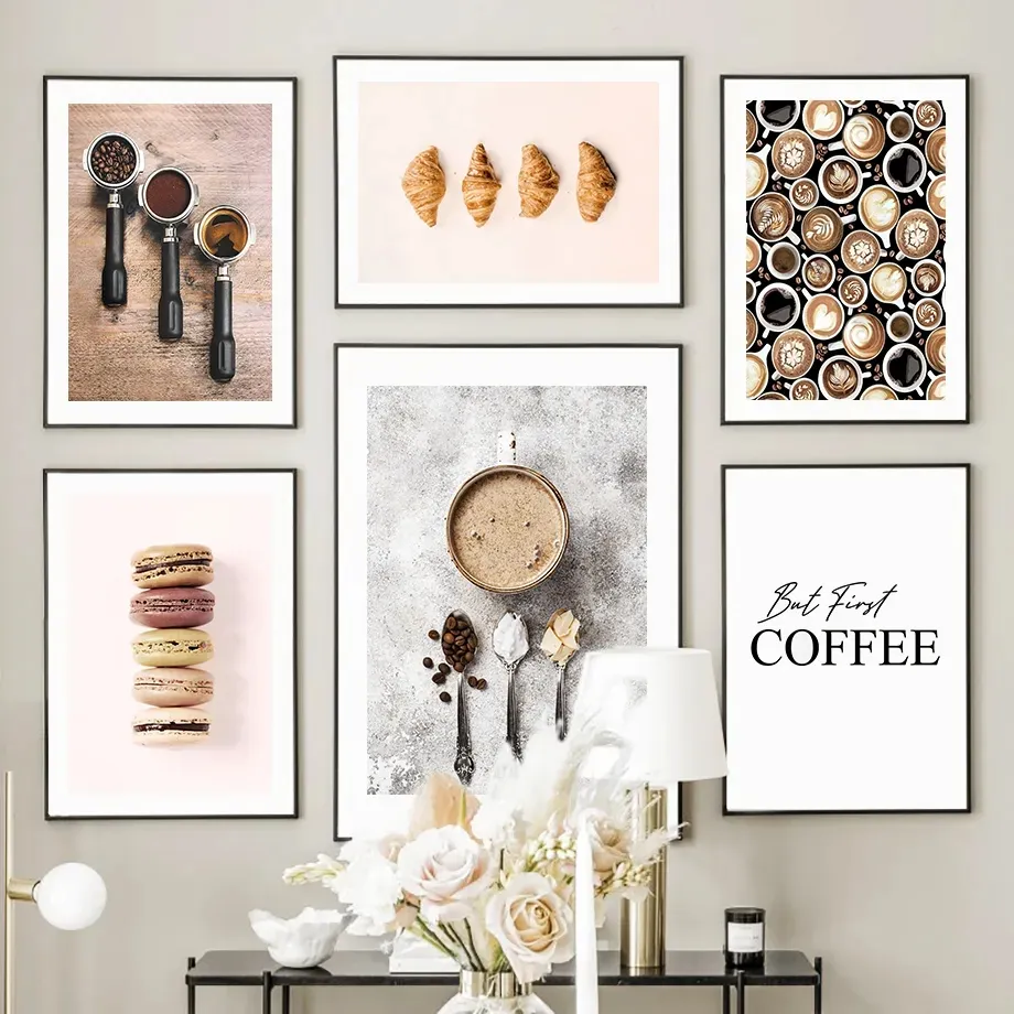 Coffee Bean Macaron Cake Croissant Delicacy Canvas Painting Wall Art Nordic Sense of Design Posters And Prints Wall Pictures For Kitchen Dessert Shop Decor w06