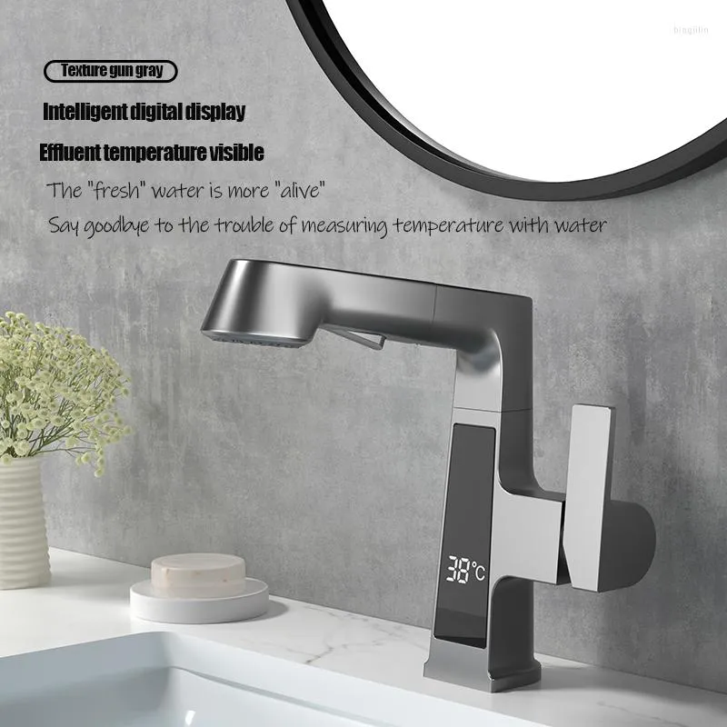 Bathroom Sink Faucets Gun Gray LED Digital Temperature Display Bath Cabinet Wash Basin Can Be Raised And Lowered Cold Water Faucet P