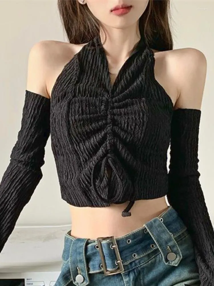 Dames Blouses Zwart Strappy Sexy Elegante Tops Dames Uitgesneden Koreaanse Mode Slanke Blouse Vrouwelijke Hanghals Designer Vintage 2023 Zomer