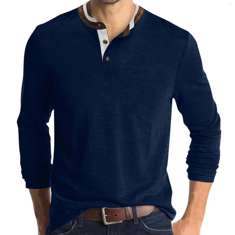 T-shirts pour hommes chemise d'affaires sociale confortable couleur unie T-Shirts col montant hauts à manches longues pour hommes bouton Ropa Hombre