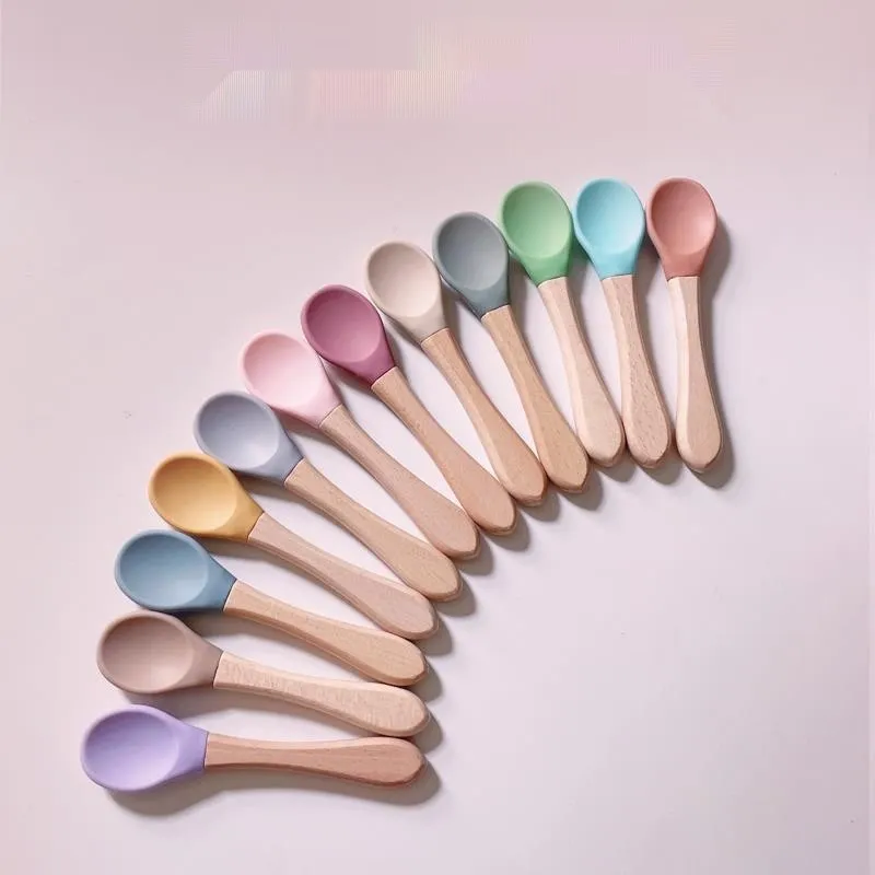 Baby Silicone Spoon with Wooden Handle Baby Self Feeding Spoons Organic Soft Tip Spoon BPA Free Food Grade Material Kids Utensils