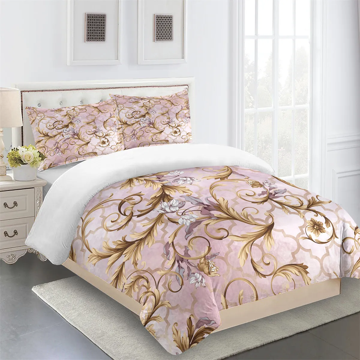 Bettwäsche-Sets, Luxusmarke, Rosa-Gold-Design, Barock-King-Queen-Twin-Bettwäsche-Sets, Einzel-, Doppelbett-Bettbezug-Set und 2-tlg. Kissenbezug 230731