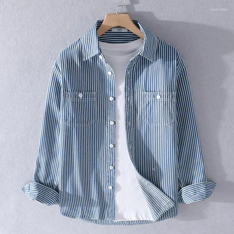 Chemises décontractées pour hommes # 7661 chemise en jean à rayures verticales bleu clair vêtements d'extérieur pour hommes Jeans Vintage poches à manches longues boutons hommes Slim