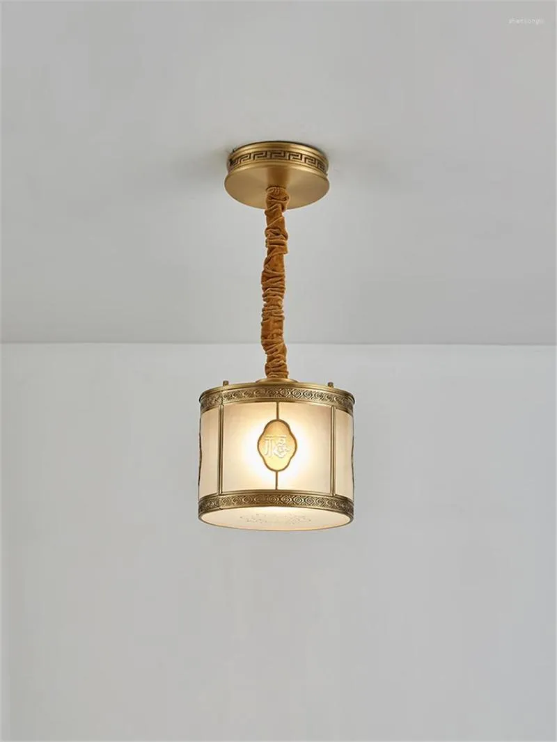 Pendant Lamps Chinese Copper Barrel Glass Lights Round Aisle Light Corridor Foyer Cloak Room Hanging Bedroom