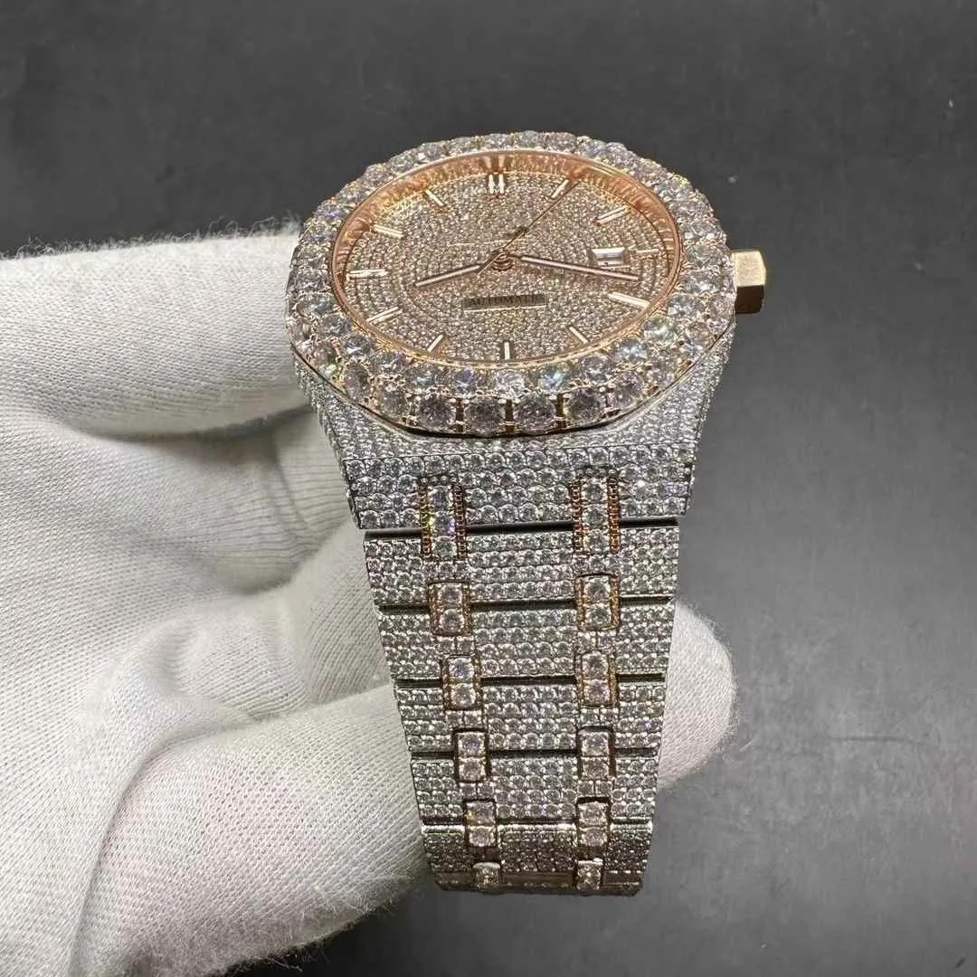 Automatique Iced Full Men Out CZ Diamonds 2Tone Rose Gold Case 42 mm Big Stones Sorzel Sahire Crystal Shiny Watch 559997