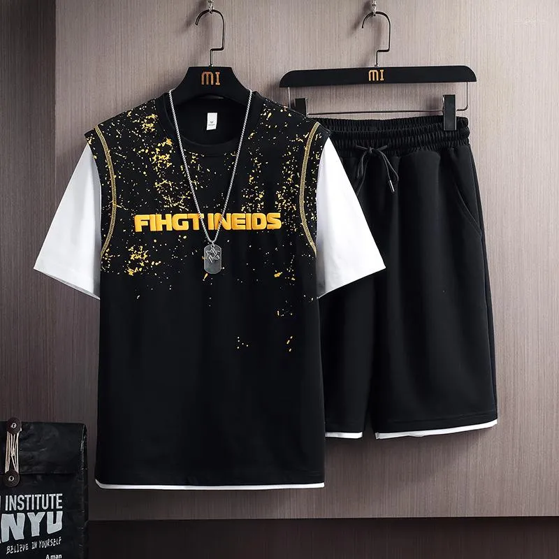 Men's Tracksuits Men Sets Casual Harajuku Tracksuit T-shirt Shorts Two Piece Summer Hip Hop Streetwear Outfit Set Patchwork Clothing