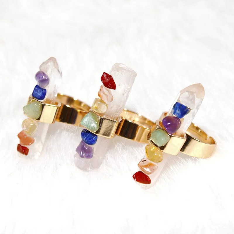 Irregular Chip Stones Clear Quartz Ring for Women 7 Chakra Gold Color Resizable Finger Jewelry Yoga Energy Balancing