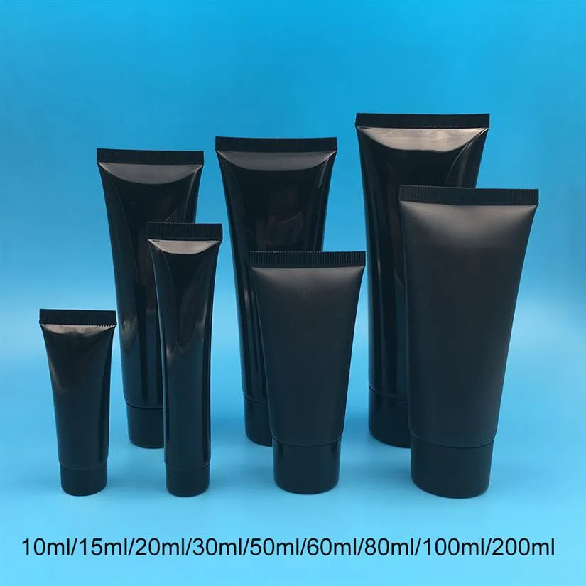 10 ml, 30 ml, 50 ml, 100 ml, 200 g, botella blanda de plástico negro, tubo exprimidor, loción, crema, embalaje, envase cosmético vacío T20237U