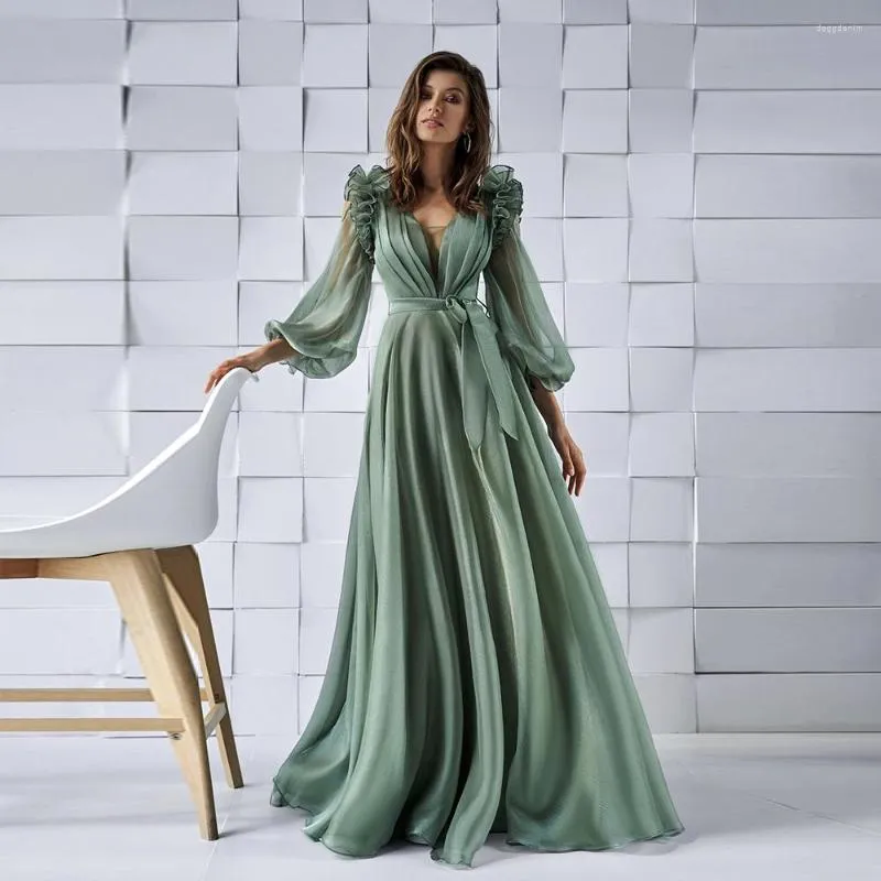 Vestidos de festa evasê verde claro comprimento até o chão manga longa bufante primavera verão babados de chiffon decote em v vestido de baile vestidos de noite 2023