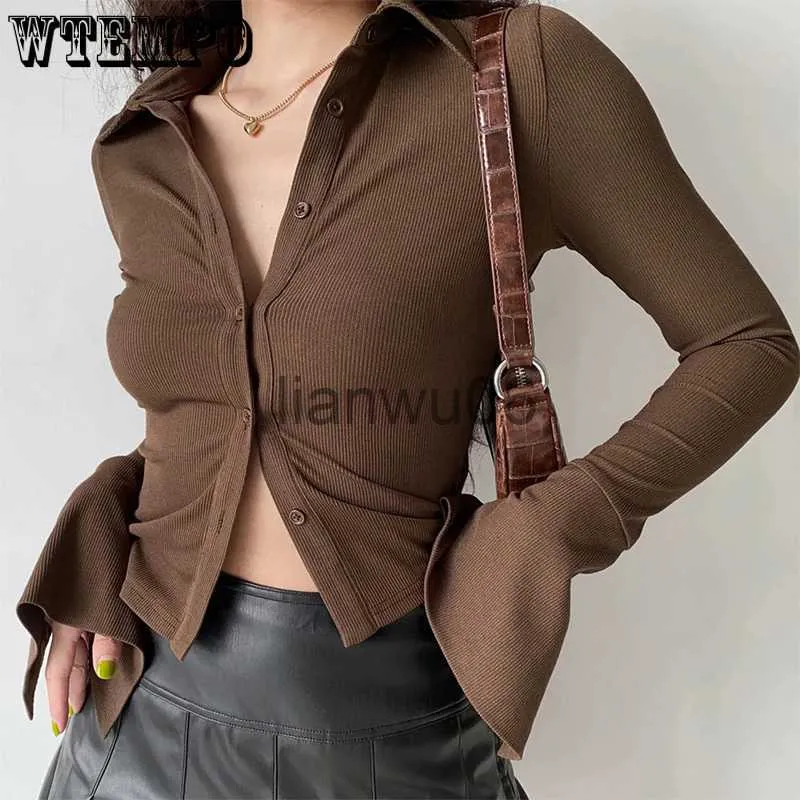 Blusas de mujer Camisas Camisa de manga acampanada Polo Cuello Solapa Fivecolor Allmatch Mujer Slim Stretch Longsleeved Top Mujer Camisas Blusas J230802