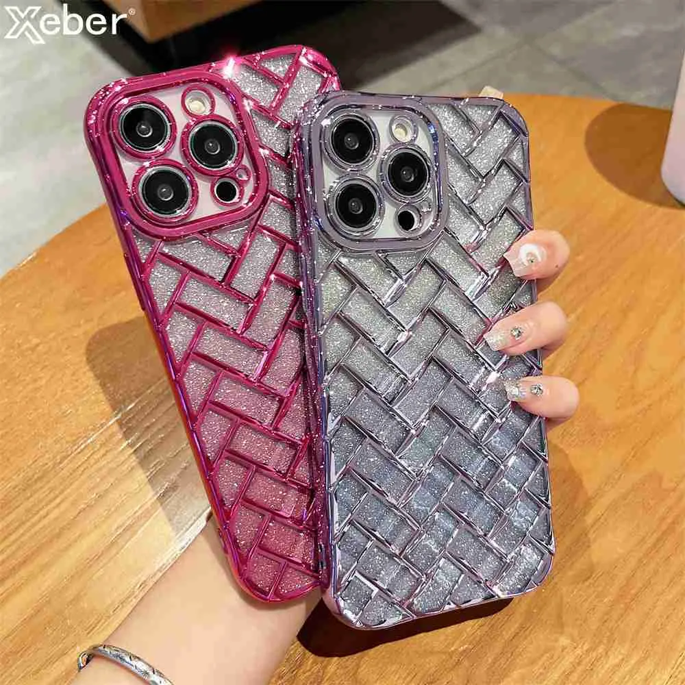 Mobiltelefonfodral Luxury Plating Glitter Gradient Grid Weaving Texture Transparent fodral för iPhone 14Pro 11 12 13 14 Pro Max Soft stockproof Cover L230731