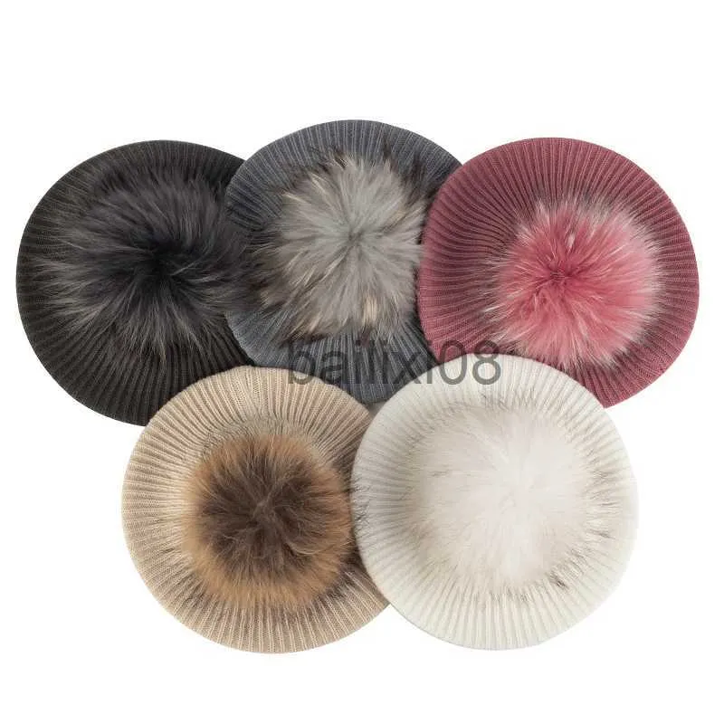 Cappelli a tesa avara Berretti eleganti lavorati a maglia da donna Morbidi con pompon reale Artista femminile Moda Cappelli retrò Lady Tinta unita Cappelli semplicità francese J230802