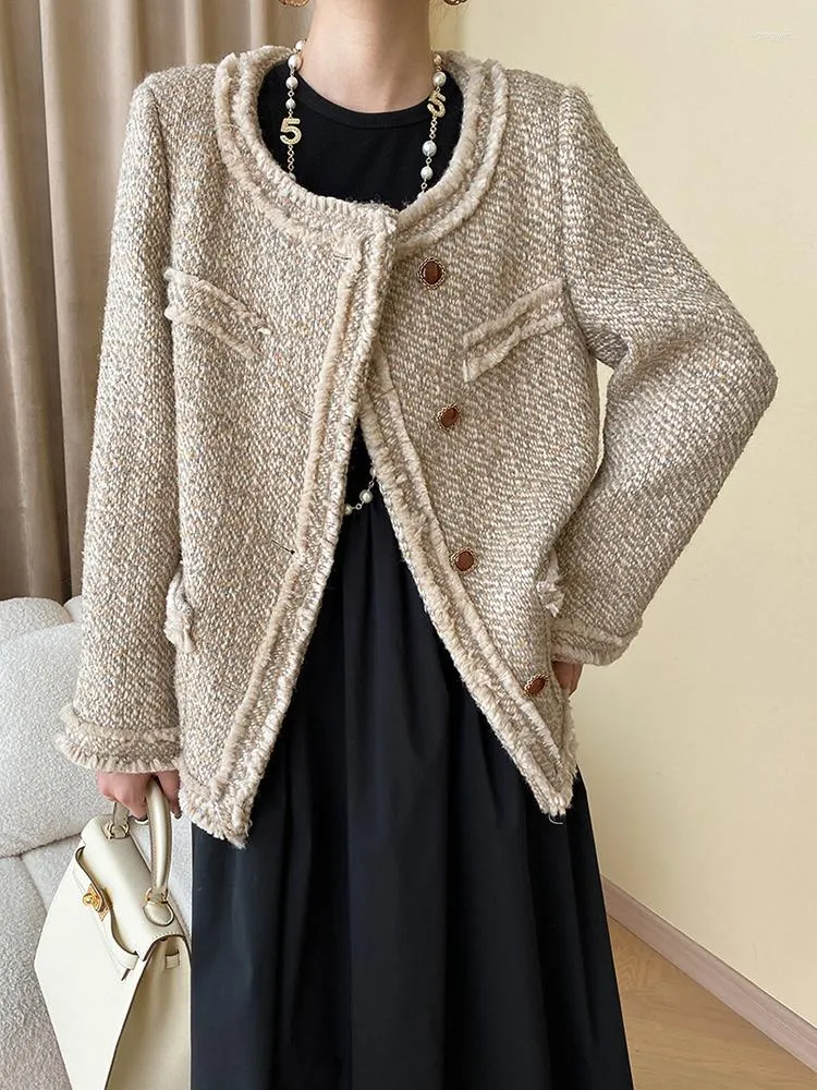 Women's Jackets Loose Fit Apricot Tweed Pockets Elegant Jacket O-neck Long Sleeve Women Coat Fashion Tide Spring Autumn O138