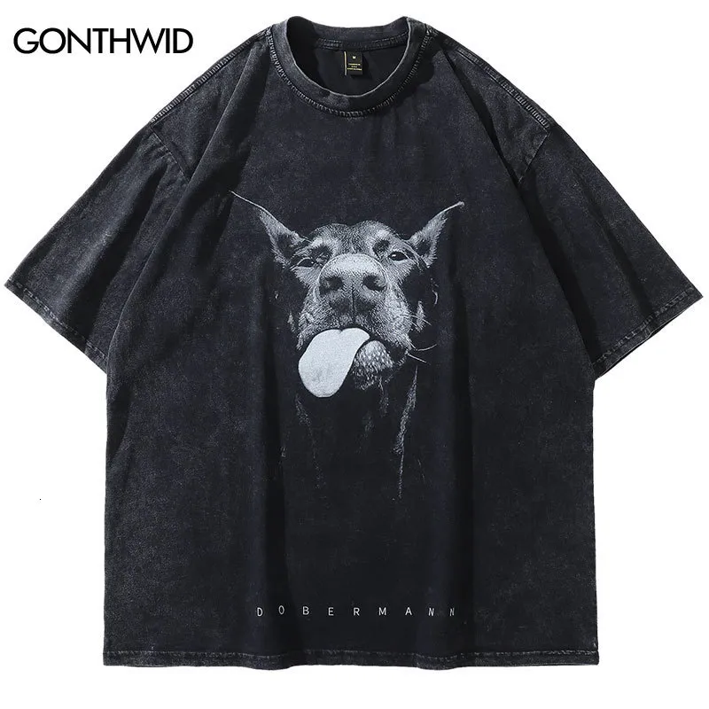 Мужские футболки Винтаж негабаритный футболка Y2K хип -хоп доберманн собак животный графический принт вымытая уличная одежда