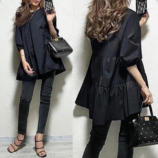 Chemisiers pour femmes Loose Black Ladies Shirt Drawstring Lantern Sleeve Seven Pull Doll Top Summer Commuter