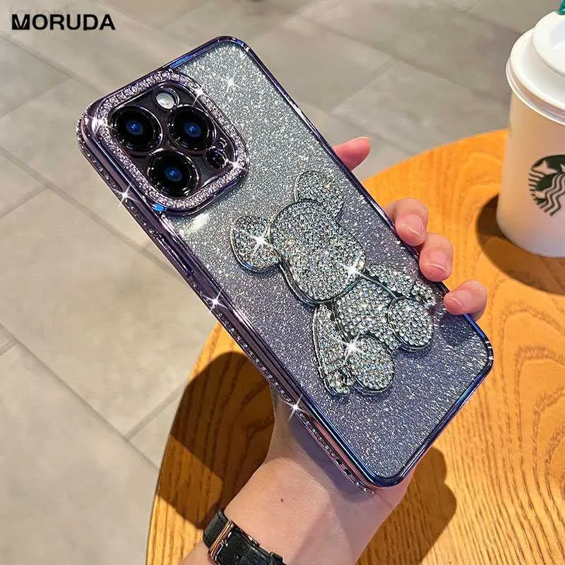 Mobiltelefonfodral Luxury Gradient Glitter Diamond Bear Phone Fall för iPhone 11 12 13 14 Pro Max 7 8 14 Plus X Xs XR PLATING Soft Silicone Cover L230731