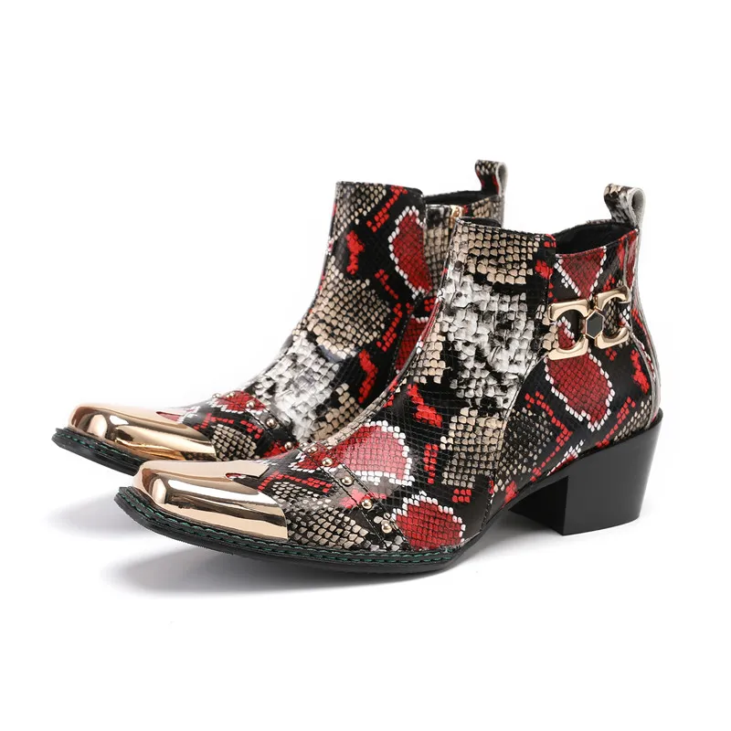 Christia Bella Fashion Snake Pattern Club Party Men Boots Square Toe Ankle Boots Zipper Motorcycle Cowboy Short Boots Dress Shoe