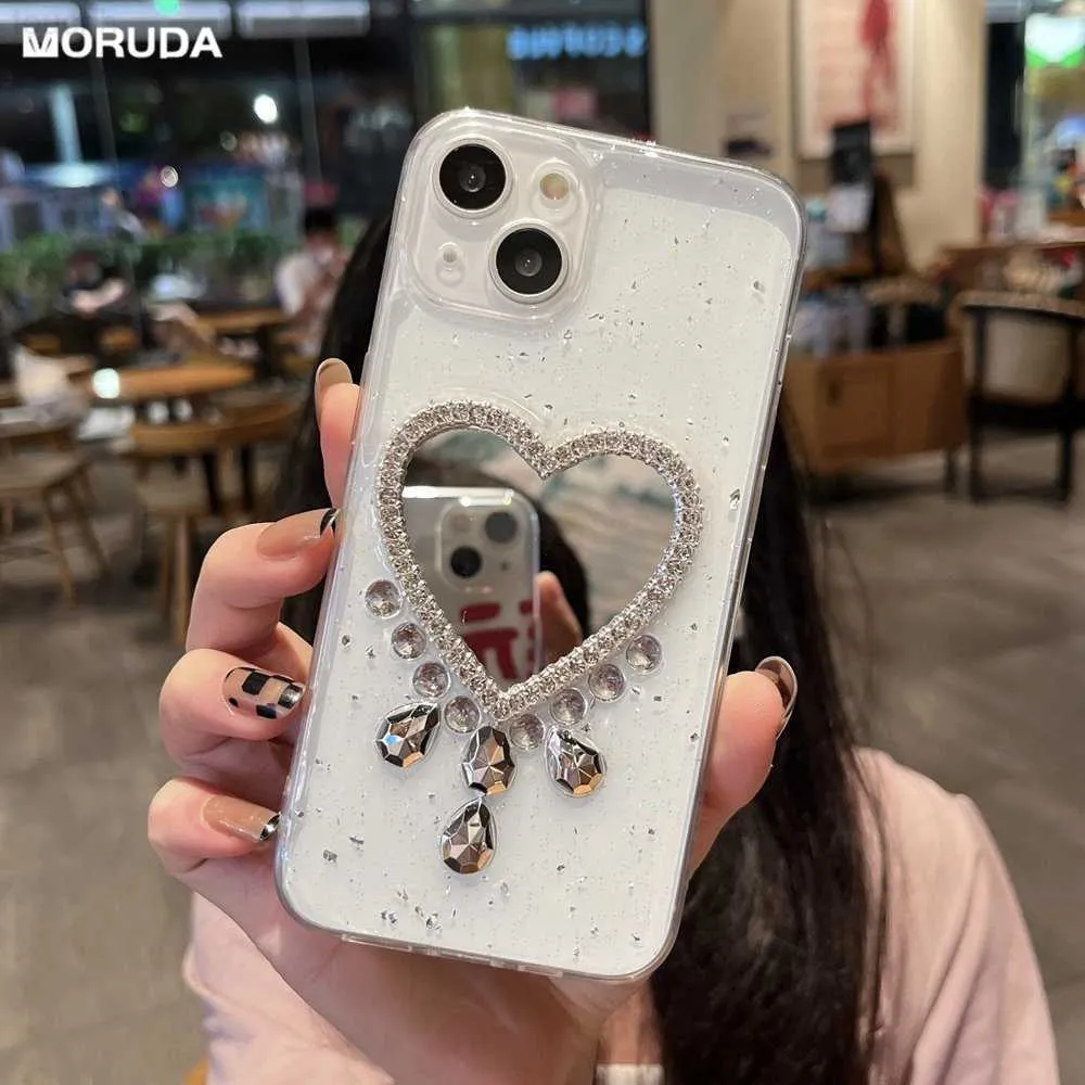 Mobiltelefonfodral Heart Diamond Make Up Mirror Case för iPhone 7 8 Plus SE2 X XS MAX XR 11 12 13 Pro 14 Pro Max Ultra Thin Soft Clear Back Cover L230731