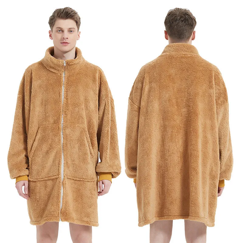 Camel Polar Fleece Cardigan Nightgown Men's Autumn and Winter Solid Color Bathrobe Warm with A Home Wear Set