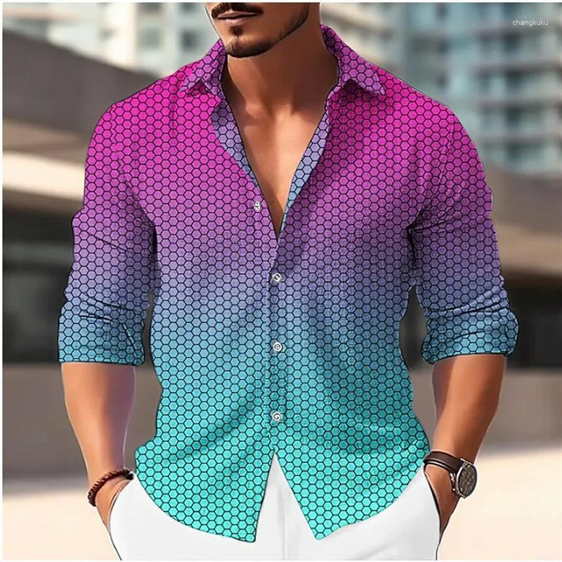 Men's Casual Shirts 2023 Shirt Gradient Pattern Printing Red Blue Purple Outdoor Street Long Sleeve Clothing Fashion Dress Designer